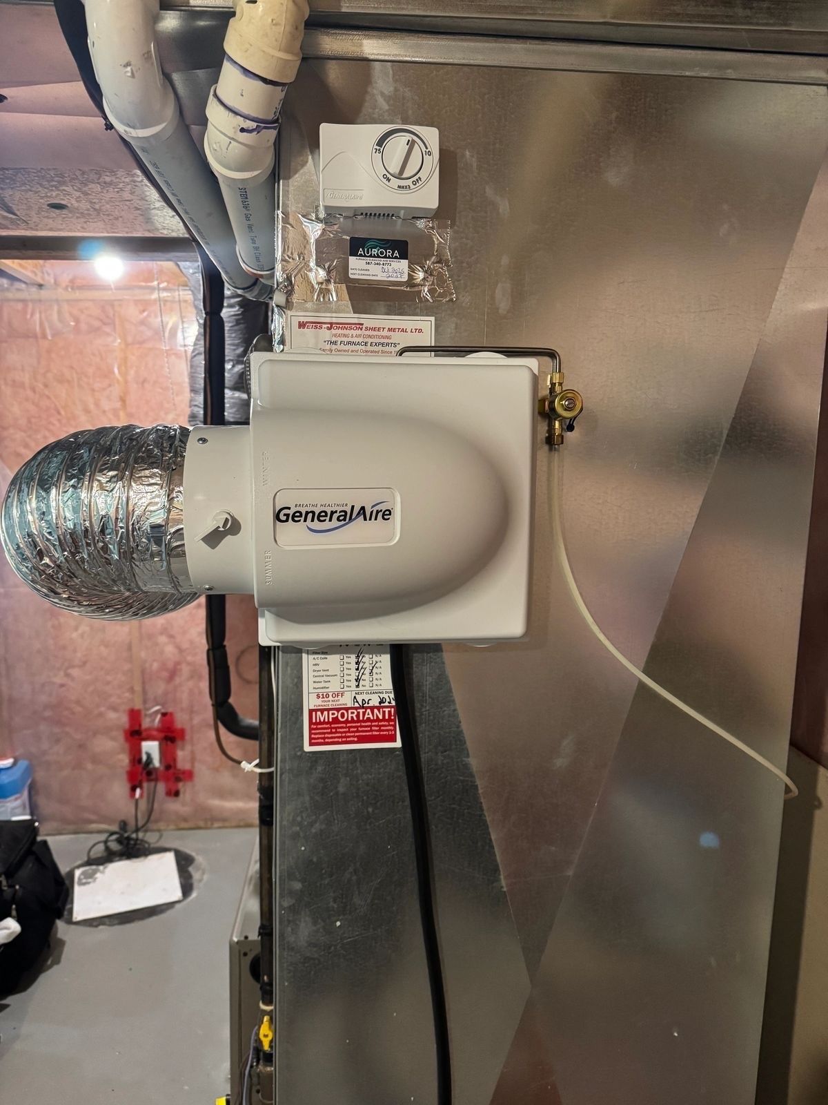 GeneralAire humidifier installed on a residential furnace by Aurora